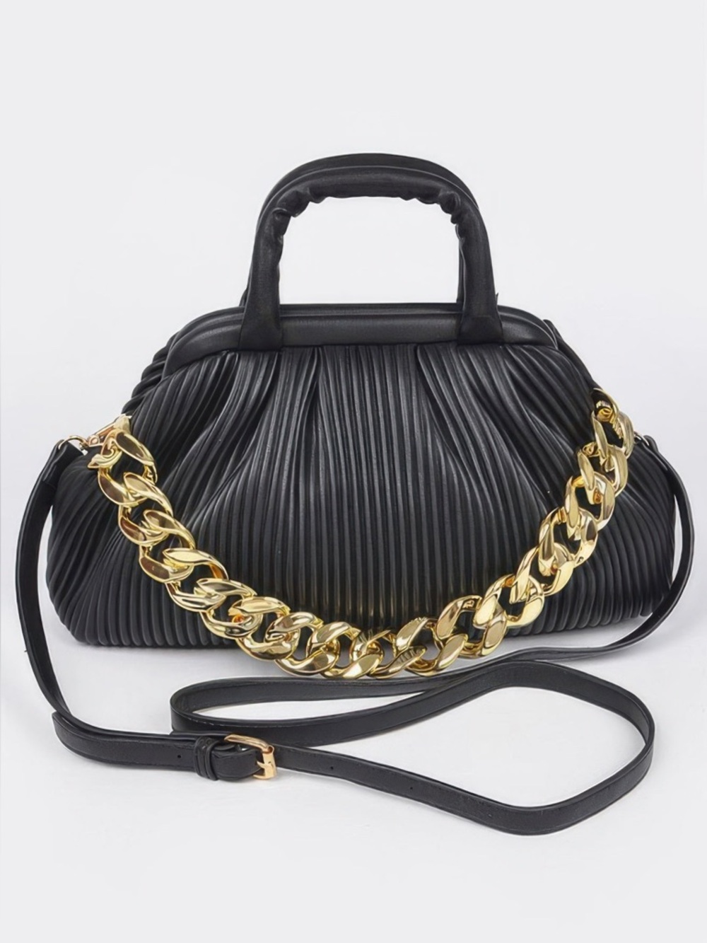 Pleated Faux Leather Top Handle Bag - Picture 1 of 5